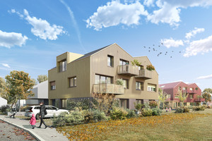 Grafik: Zwei Doppelhäuser mit Satteldächern hintereinander, mit Holzverschalung.lt.
