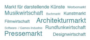 Wortwolke mit den Begriffen Markt für darstellende Künste, Werbemarkt, Musikwirtschaft, Buchmarkt, Kunstmarkt, Filmwirtschaft, Architekturmarkt, Software- und Games-Industrie, Rundfunktwirtschaft, Pressemarkt, Designwirtschaft.