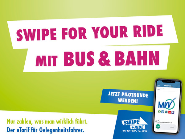Banner mit Schriftzug "Swipe for Ride mit Bus und Bahn. Jetzt Pilokunde werden."