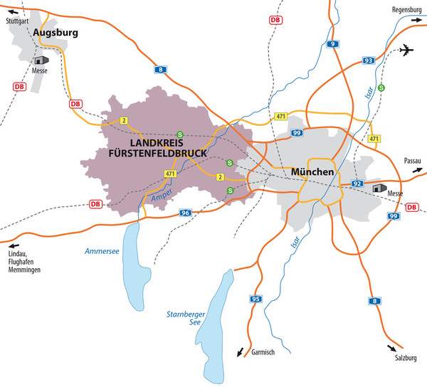 Stark vereinfachte Karte des Landkreises Fürstenfeldbruck zeigt Zuglinen, Autobahnen und Bundestraßen.