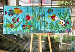 Gemaltes Bild -Unterwasserszene mit bunten Fischen, Wasserpflanzen auf blauem Hintergrund