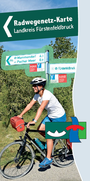 Das Titelbild der Radwegenetz-Karte zeigt eine Radlerin vor einerm Fahrradwegweiser