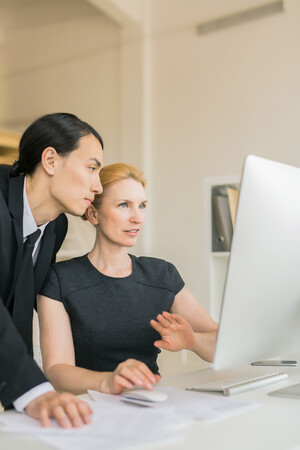 Frau und Mann bei Besprechung vor Computer.