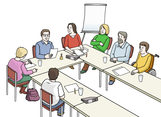Zeichnung: 7 Personen an Tischen in U-Form